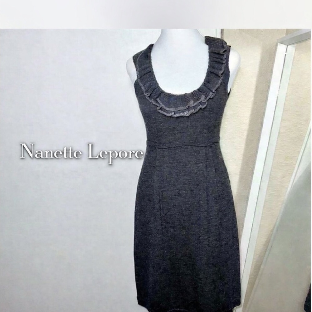 Vintage Nanette Lepore Merino wool Gray ruffle sweater Dress